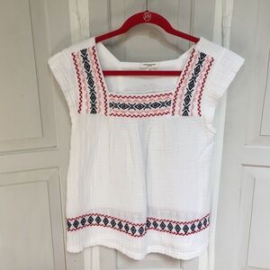 Beachlunchlounge White Blouse with Red and Blue Embroidery